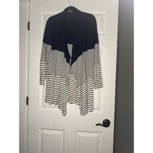 Grateful Hearts Color block Stripe Open Front Cardigan Xl Blue Gray White Black